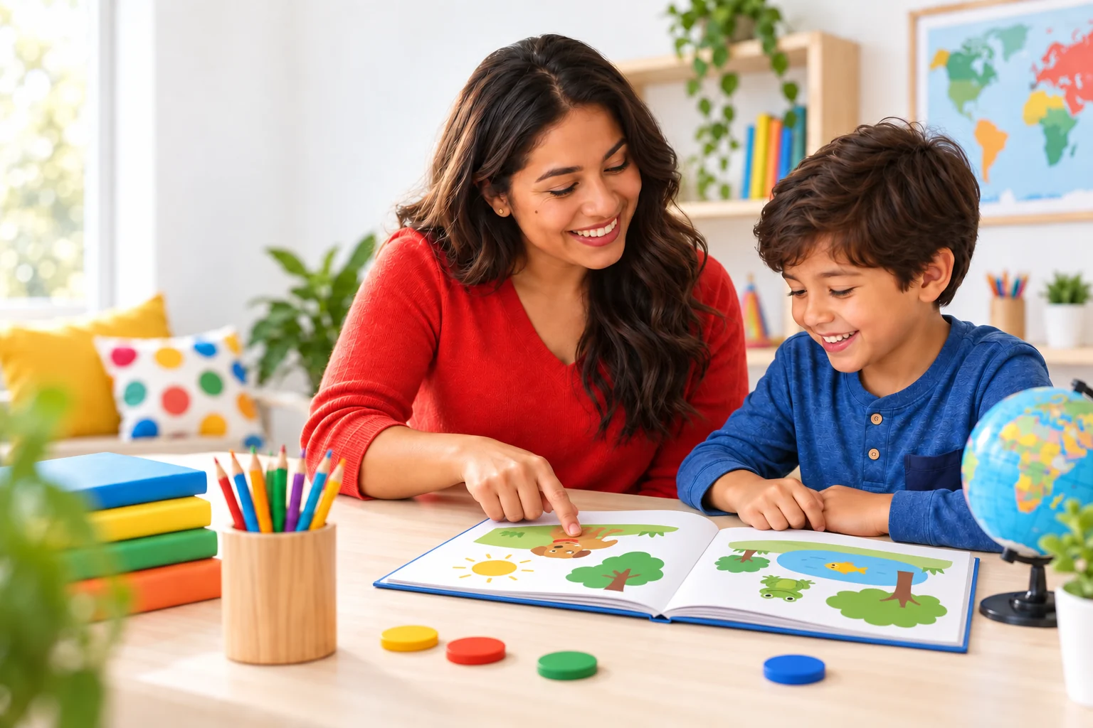 A Spanish tutor helping a young child learn at a bright, colorful table