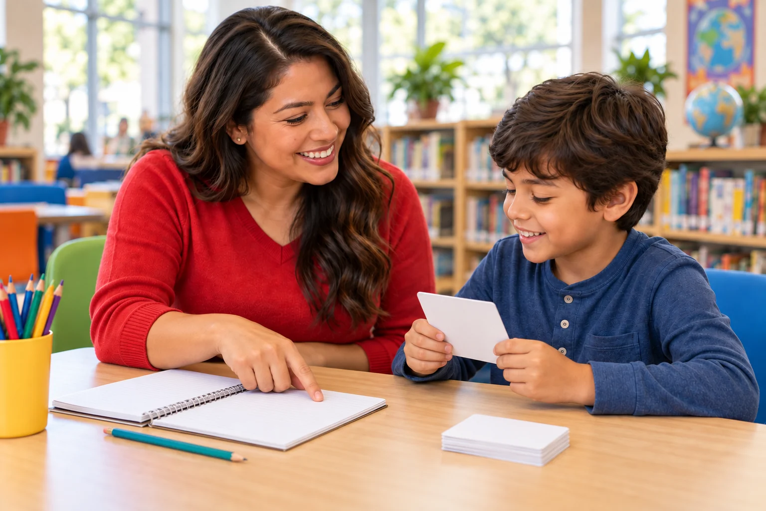 A Spanish tutor helping a child in a bright community learning space