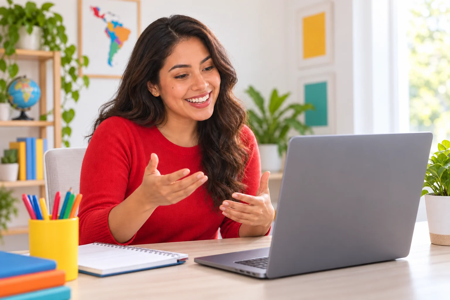 A Spanish tutor leading an encouraging online lesson by laptop